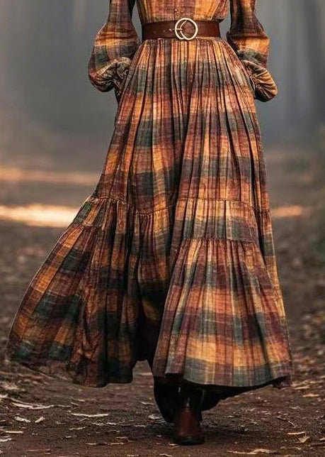 Women Brown Plaid Exra Large Hem Cotton Cinched Dresses Spring