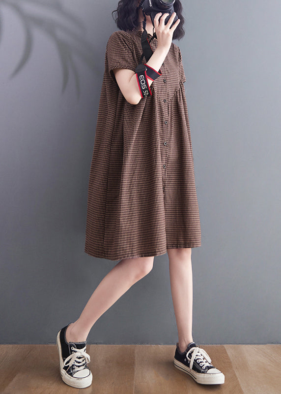 Women Brown Ruffled Plaid Linen A Line Dress Summer