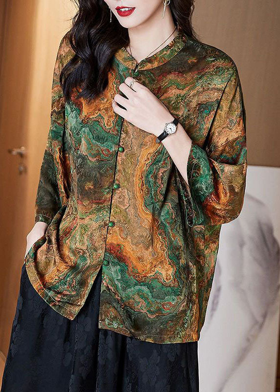 Women Red Stand Collar Button Print Patchwork Silk Blouse Top Summer