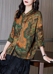 Women Brown Stand Collar Button Print Patchwork Silk Blouse Top Summer