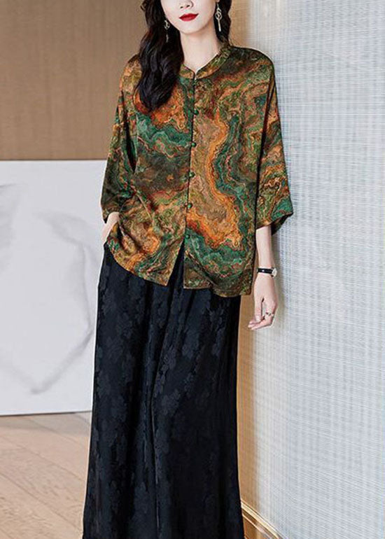 Women Black-floral Stand Collar Button Print Patchwork Silk Blouse Top Summer