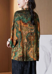 Women Black-texture Stand Collar Button Print Patchwork Silk Blouse Top Summer