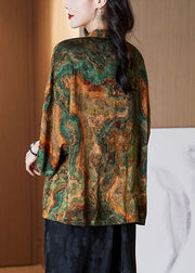 Women Brown Stand Collar Button Print Patchwork Silk Blouse Top Summer