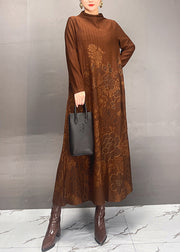 Women Brown Stand Collar Print Long Dresses Spring