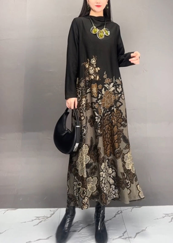 Women Brown Stand Collar Print Long Dresses Spring