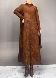 Women Brown Stand Collar Print Long Dresses Spring