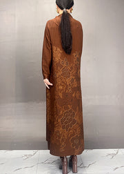 Women Brown Stand Collar Print Long Dresses Spring