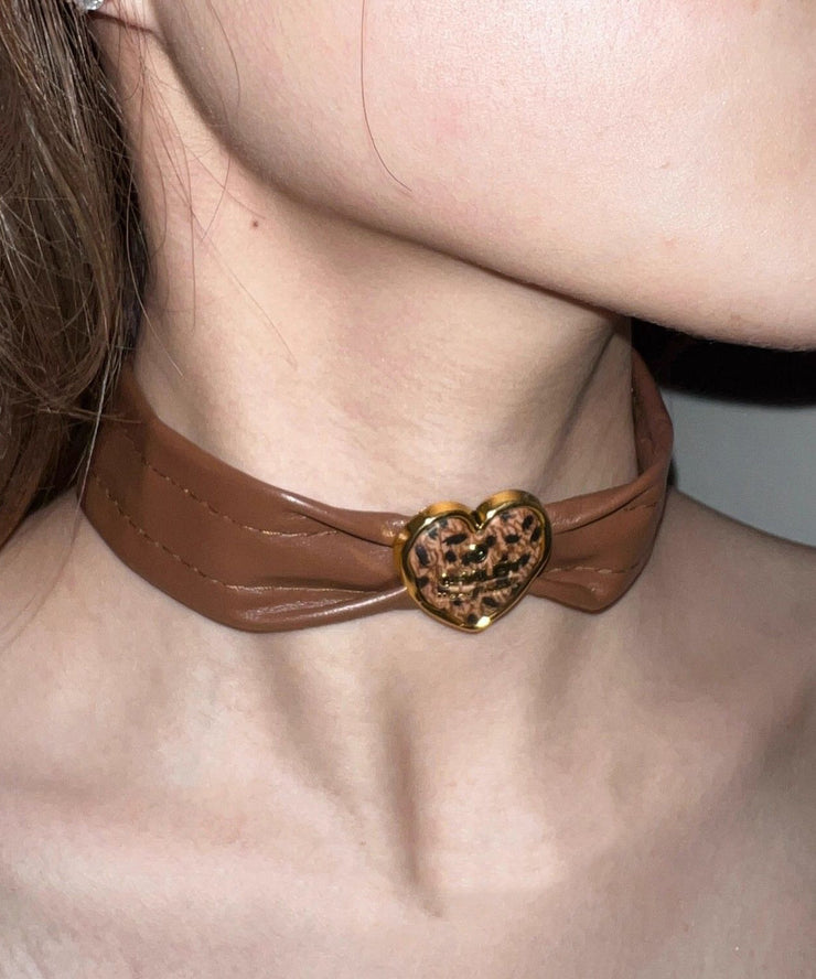 Women Brown Sterling Silver Alloy Leather Choker