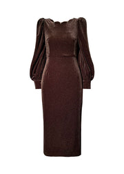 Women Brown V Neck Button Wraped Silk Velour Dresses Vestidos Long Sleeve