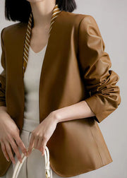 Women Brown V Neck Patchwork Sheepskin Coats Fall