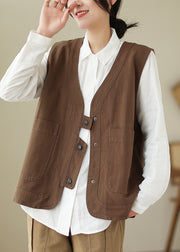 Women Brown V Neck Pockets Patchwork Cotton Vest Sleeveless