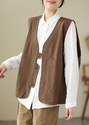 Women Brown V Neck Pockets Patchwork Cotton Vest Sleeveless