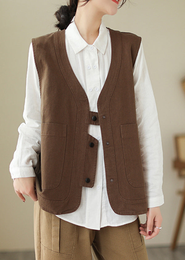 Women Brown V Neck Pockets Patchwork Cotton Vest Sleeveless