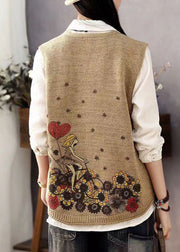 Women Brown V Neck Print Button Cotton Knit Waistcoat Sleeveless