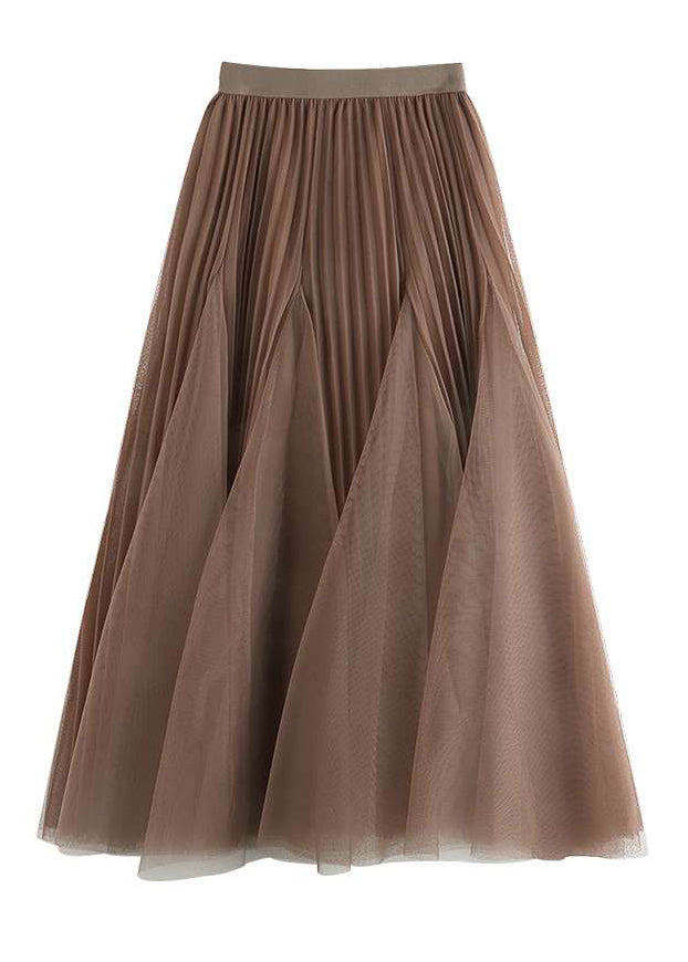 Women Brown Wrinkled Elastic Waist Tulle Skirts Spring