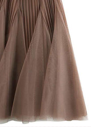 Women Brown Wrinkled Elastic Waist Tulle Skirts Spring