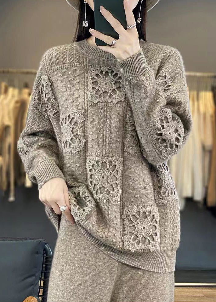 Women Camel O Neck Hollow Out Patchwork Wool Top Long Sleeve