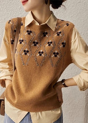 Women Camel O Neck Jacquard Woolen Vest Sleeveless