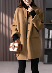 Women Camel O Neck Pockets Button Patchwork Wool Coats Fall