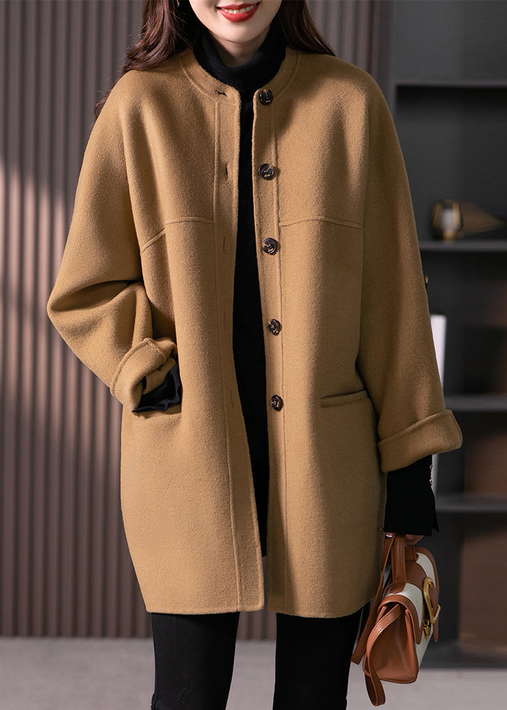 Women Camel O Neck Pockets Button Patchwork Wool Coats Fall