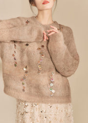 Women Camel O-Neck Sequins Thick Cotton Knit Sweater Winter