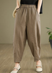 Women Camel Pockets Elastic Waist Cotton Pants Fall