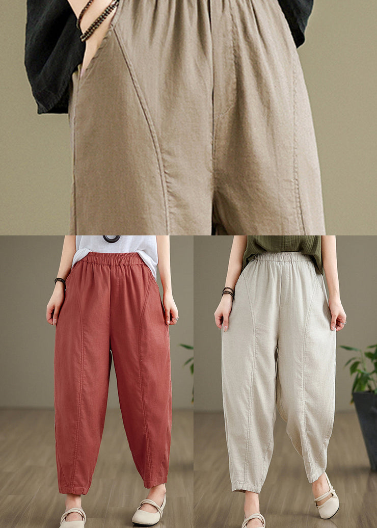 Women Camel Pockets Elastic Waist Cotton Pants Fall