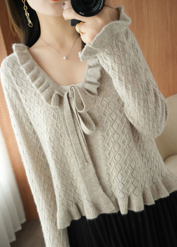 Women Camel Ruffled Lace Up Knitting Cardigans Long Sleeve