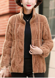 Women Camel Solid Color Collar Zip Up Mink Hair Knitted Coats Winter