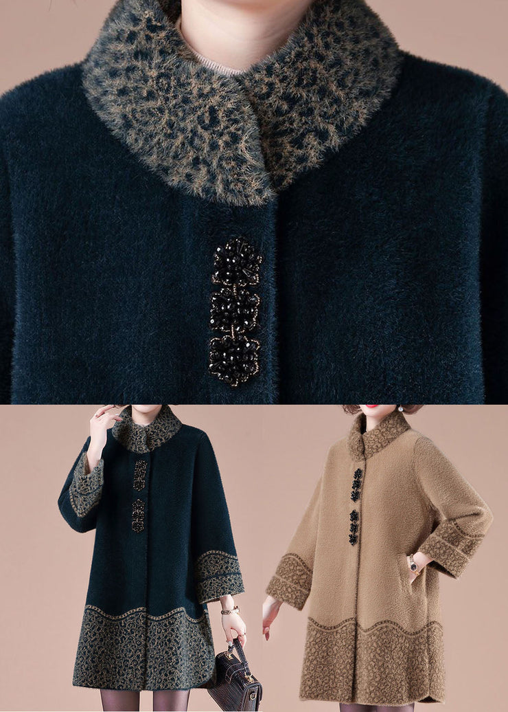 Women Camel Stand Collar Pockets Print Mink Hair Knitted Jackets Winter