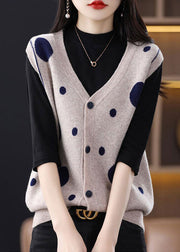 Women Camel V Neck Dot Patchwork Woolen Vest Tops Sleeveless