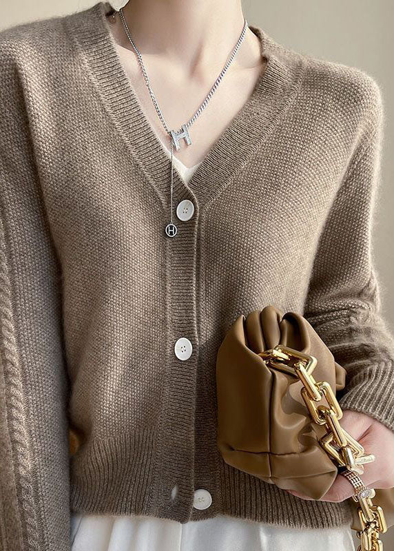 Women Camel V Neck Patchwork Wool Cardigans Coat Spring