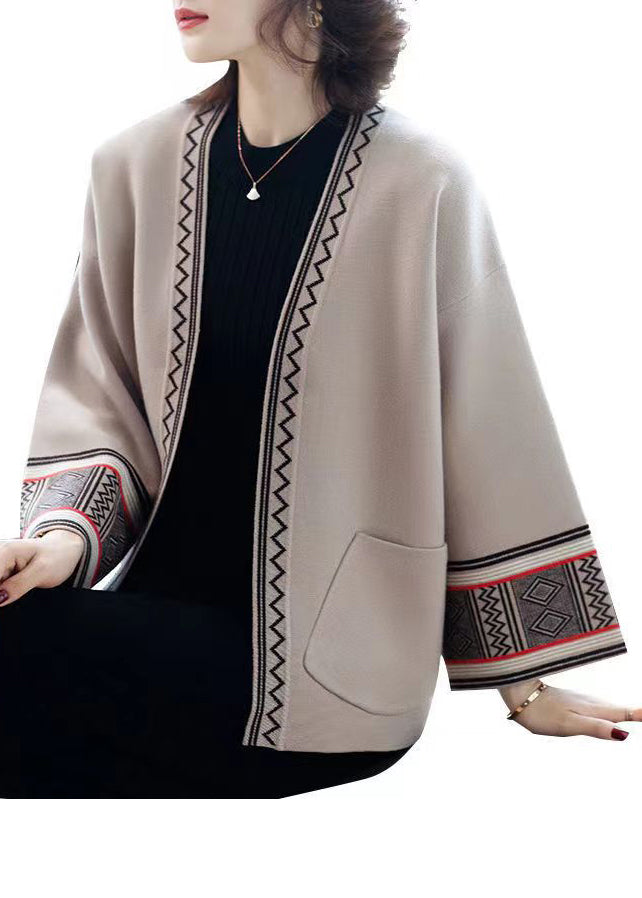 Women Camel V Neck Print Pockets Patchwork Knit Cardigans Fall