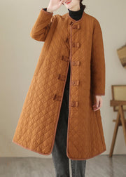 Women Caramel Button Pockets Cotton Filled Parka Long Sleeve