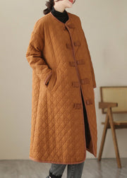 Women Caramel Button Pockets Cotton Filled Parka Long Sleeve