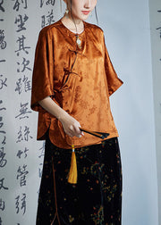 Women Caramel O-Neck Oriental Button Side Open Jacquard Silk Shirt Half Sleeve