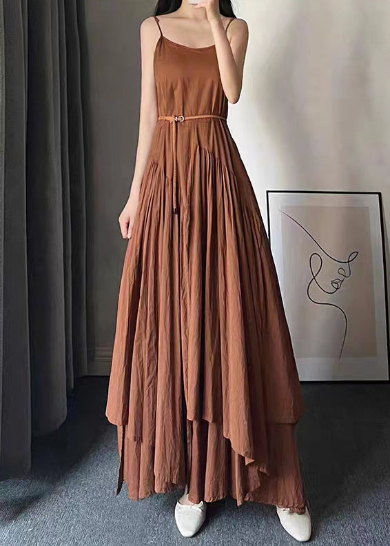 Women Caramel O Neck Wrinkled Patchwork Cotton Spaghetti Strap Dress Sleeveless