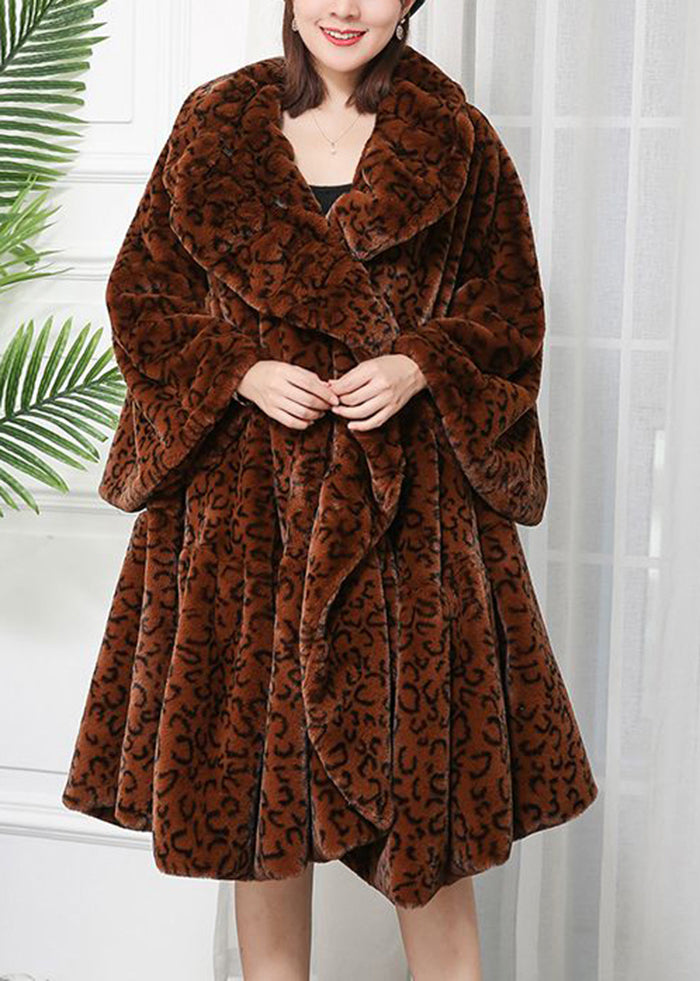 Women Caramel Oversized Leopard Print Fuzzy Fur Fluffy Jackets Winter