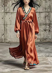 Women Caramel Silm Fit Draping Silk Holiday Dress Spring