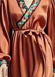 Women Caramel Silm Fit Draping Silk Holiday Dress Spring