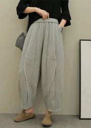 Women Casual Grey Pockets Elastic Waist Patchwork Cotton Pants Spring