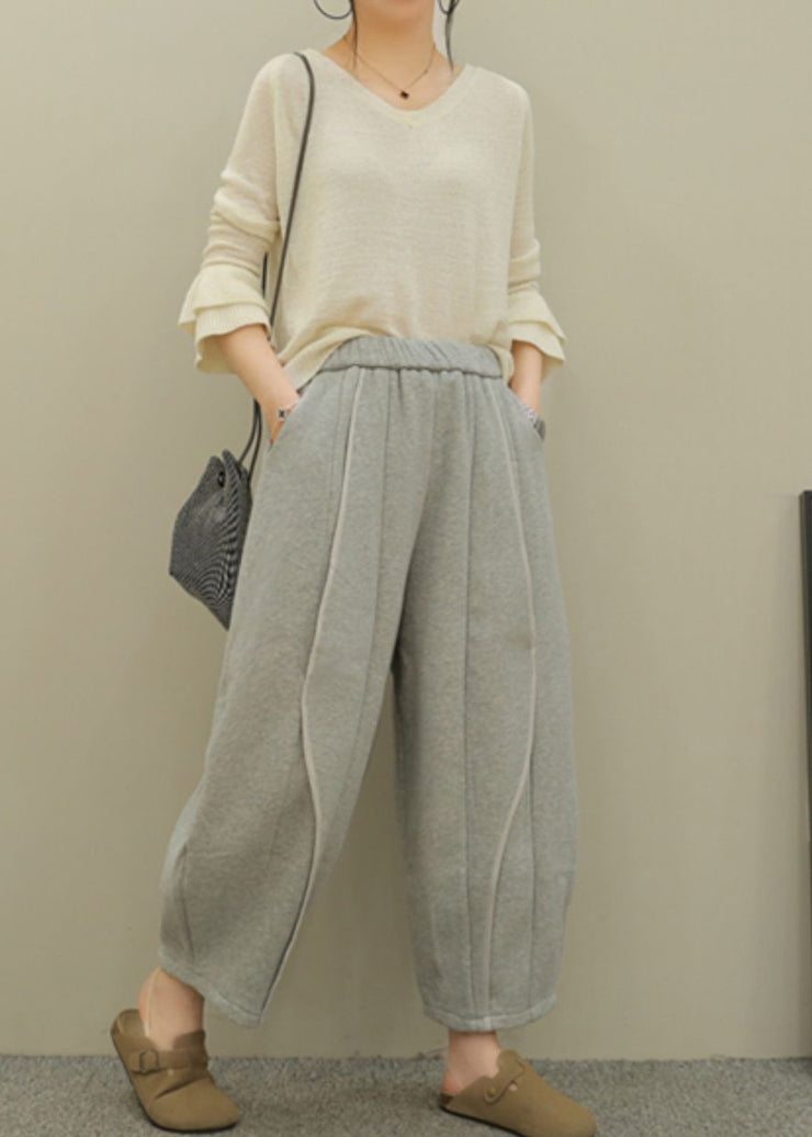 Women Casual Grey Pockets Elastic Waist Patchwork Cotton Pants Spring