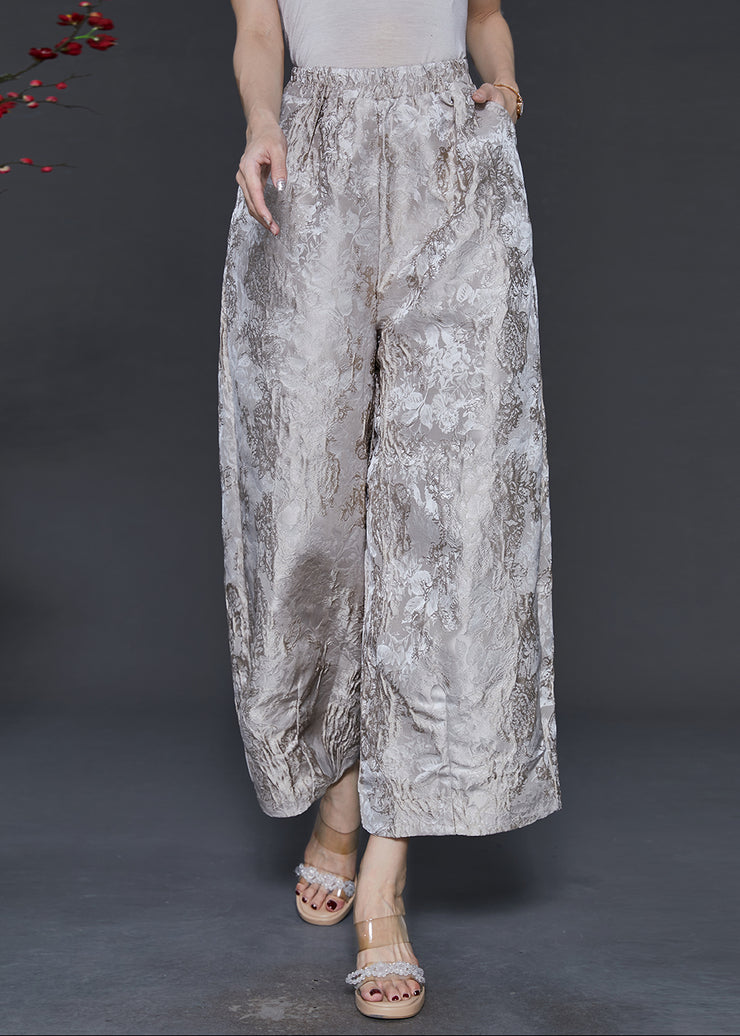 Women Champagne Oversized Jacquard Silk Wide Leg Pants Spring