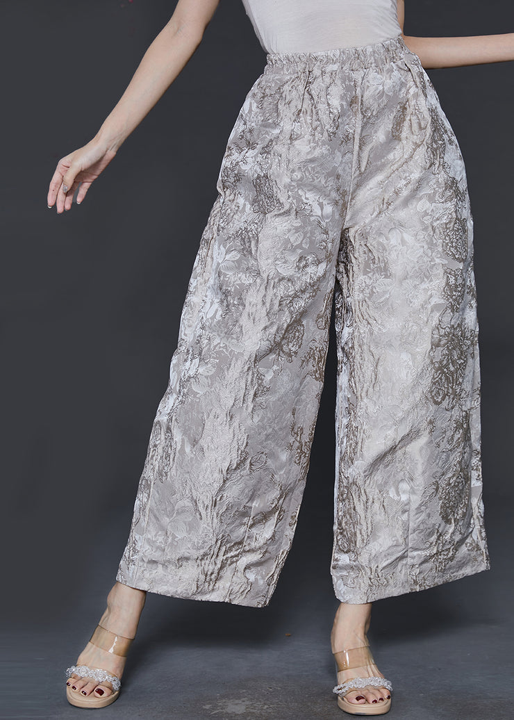 Women Champagne Oversized Jacquard Silk Wide Leg Pants Spring