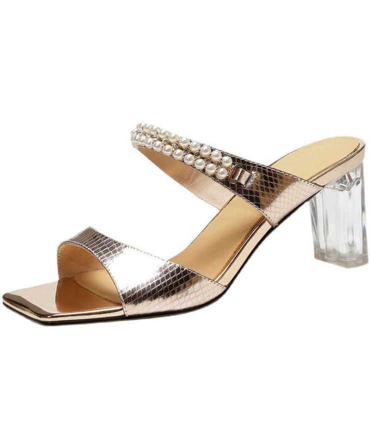 Women Champagne Sandals Peep Toe Chunky Sandals