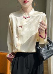 Women Champagne Stand Collar Button Silk Shirts Fall