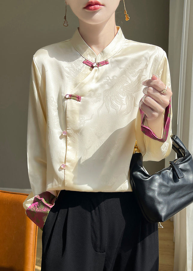 Women Champagne Stand Collar Button Silk Shirts Fall