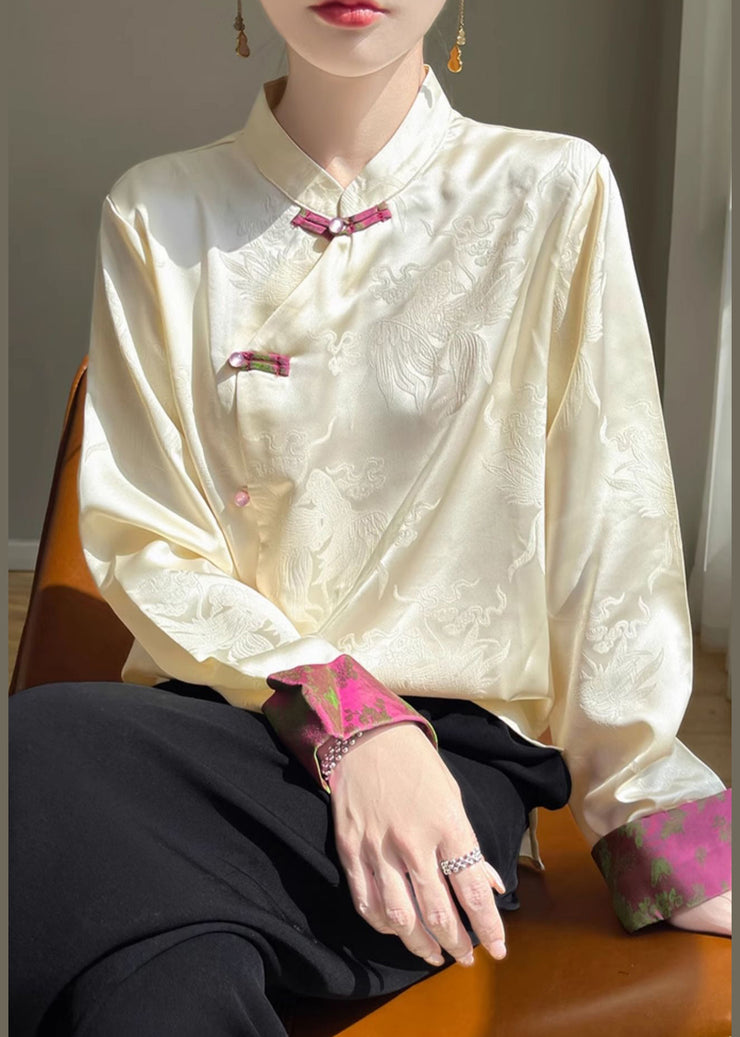 Women Champagne Stand Collar Button Silk Shirts Fall