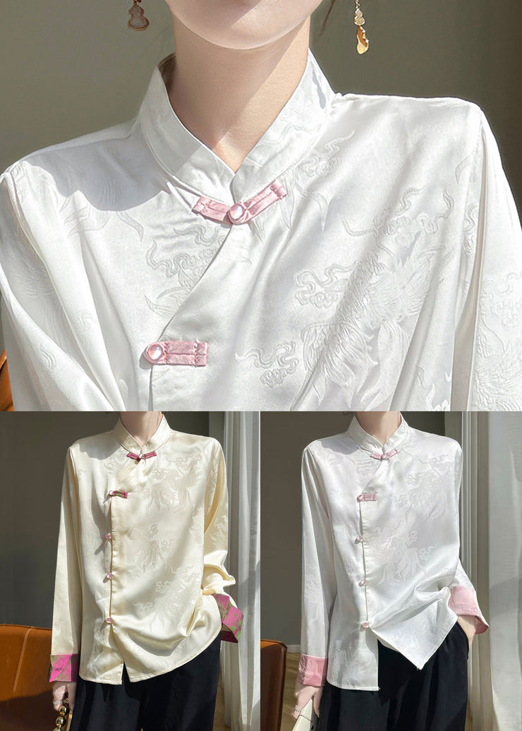 Women Champagne Stand Collar Button Silk Shirts Fall