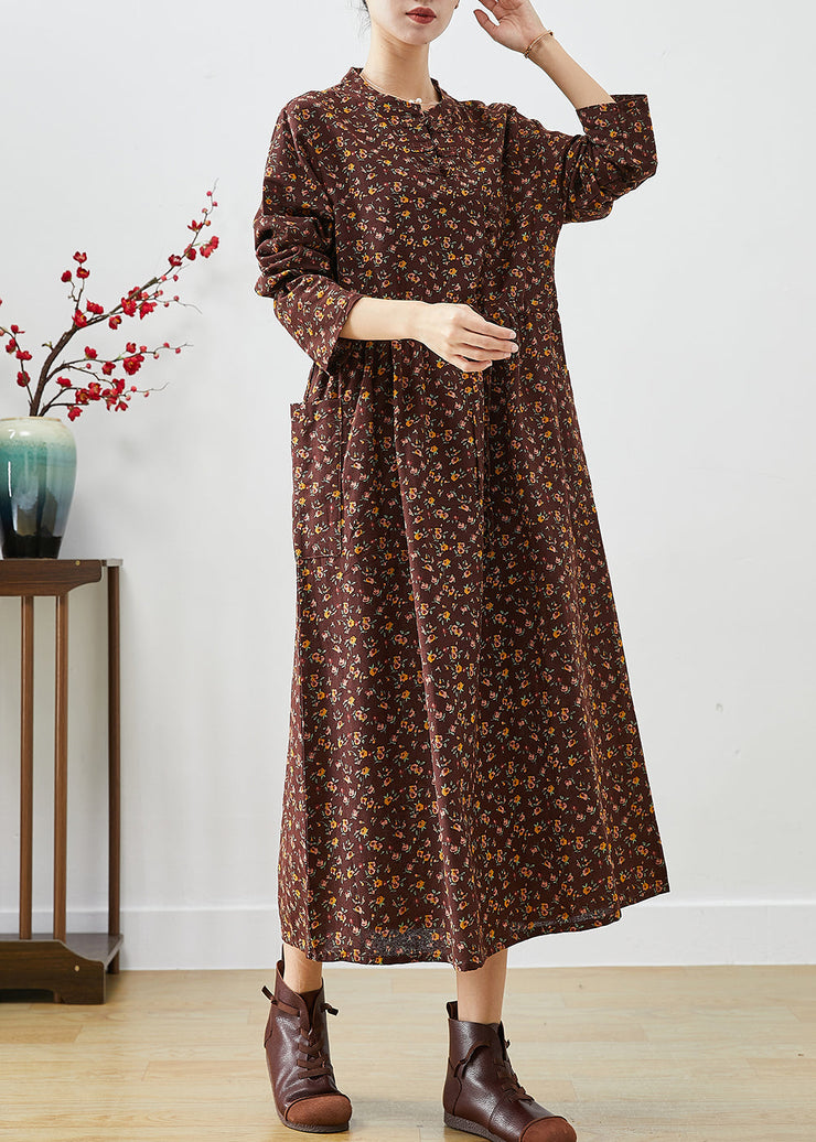 Women Chocolate Cinched Print Pockets Cotton Dresses Fall